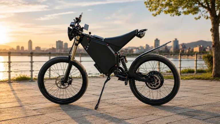 Modernes E-Bike für Alltag und Pendelstrecken am Flussufer mit Stadtblick.