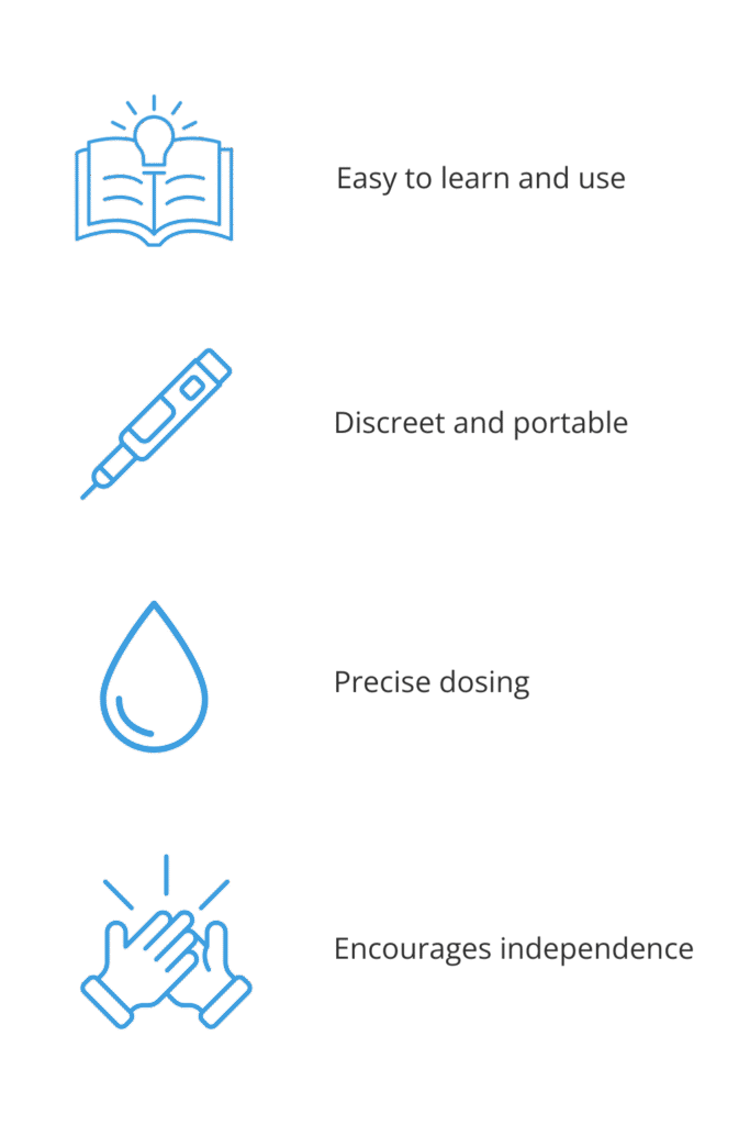 Infographic with icons and text showing the benefits of insulin pens for children: easy to learn and use, discreet and portable, precise dosing, and encourages independence.